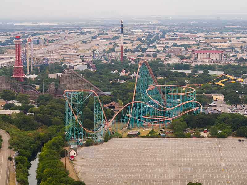 things to do in arlington texas aerial view of roller coaster and city
