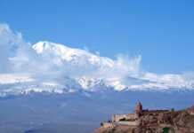 Ararat Mountain covered in snow, And Khor Virap