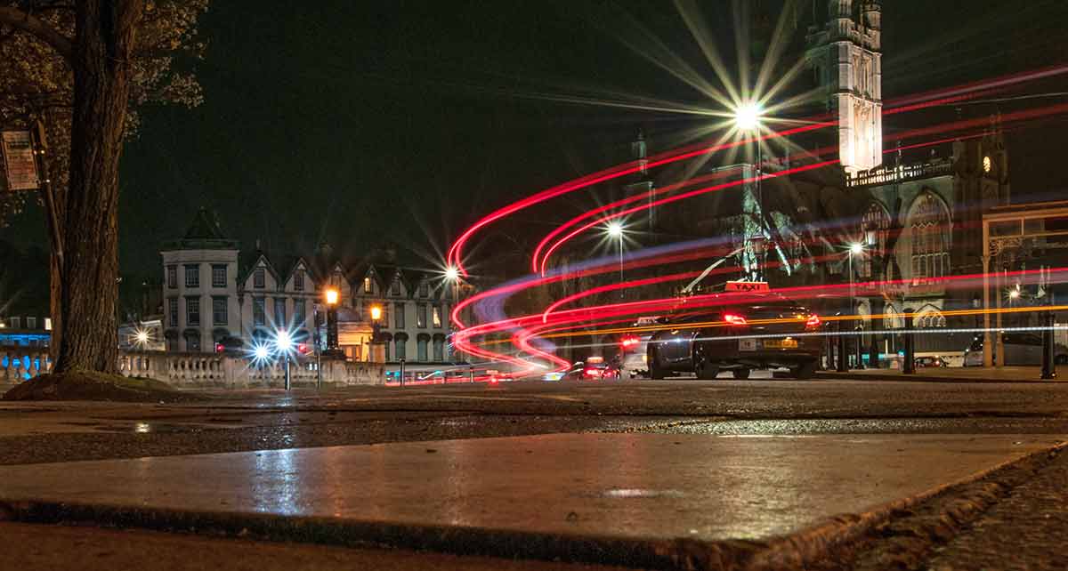 Light Trails Of Traffic In The Evening Near Bath Abbey