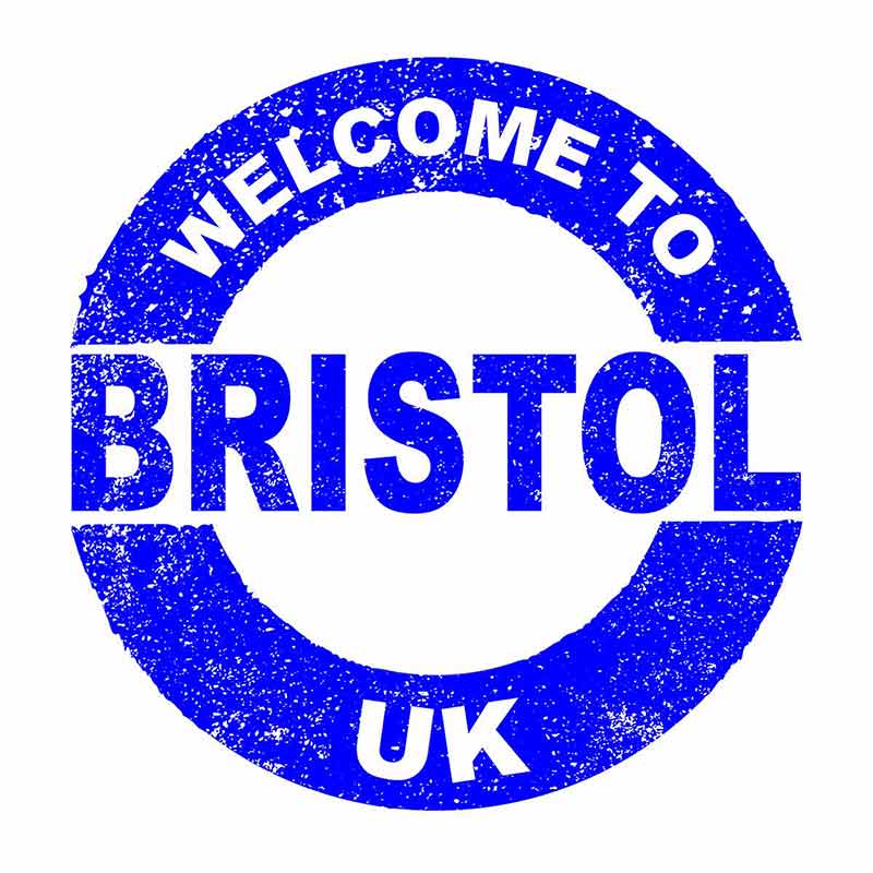 A grunge rubber ink stamp with the text Welcome To Bristol, UK over a white background.