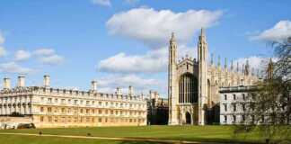 Kings College Cambridge across the river on a blue-sky day