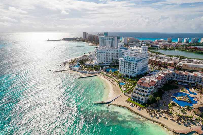 things to do in cancun hotel zone aerial panoramic view of Cancun city hotel zone in Mexico.