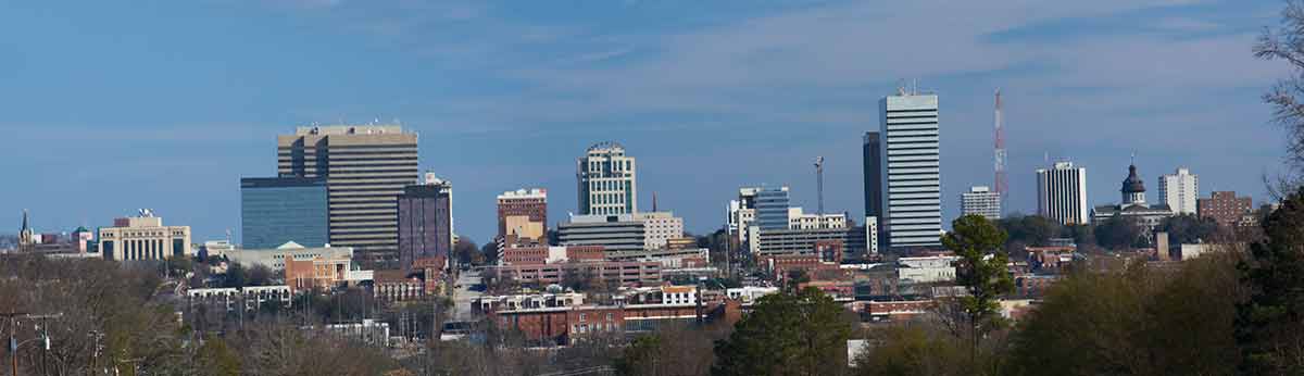 Stitched panoramic of downtown Columbia, South Carolina State Capitol Building on right side.