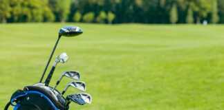 photo of golf clubs in bag with green in the background