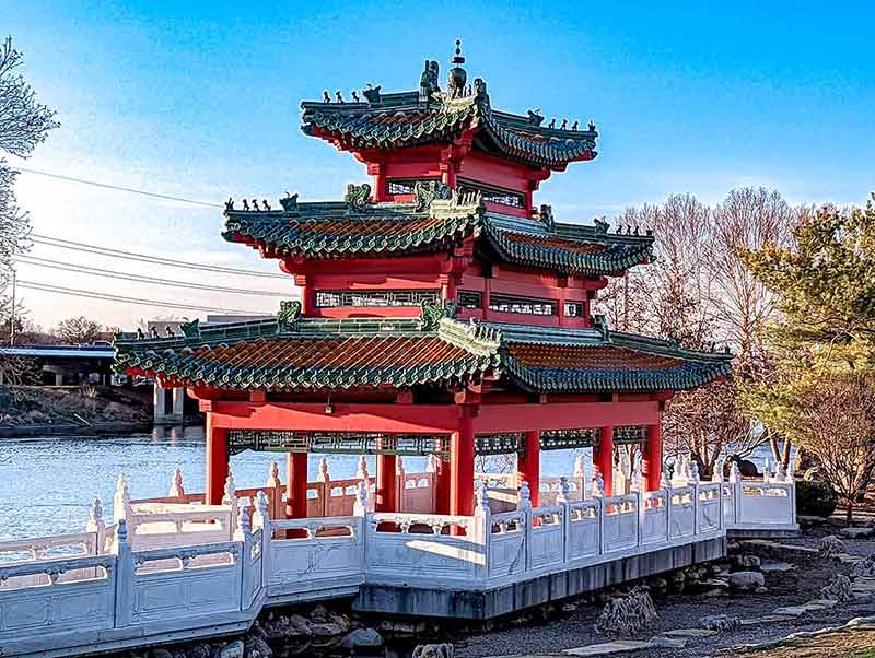 red Chinese pagoda and lake in Des Moines