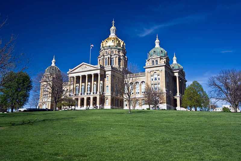Iowa state capitol building and green lawn