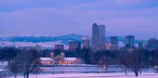 Mile High City Of Denver in winter covered in snow