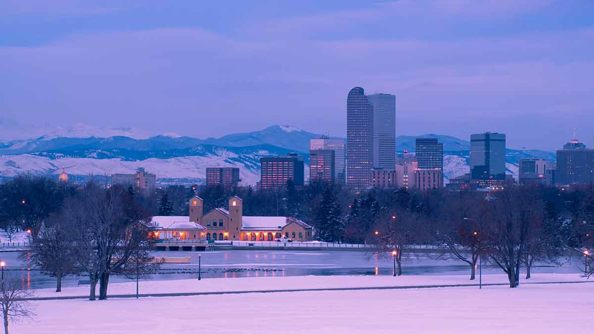 Mile High City Of Denver in winter covered in snow