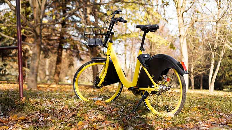 Yellow Bike With Fallen Leaves In The Setting Sun