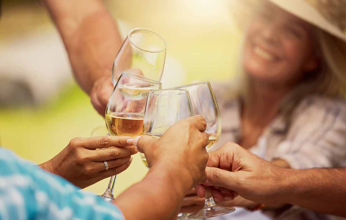 Unknown Group Of Diverse Friends Toasting With Wineglasses On Vineyard