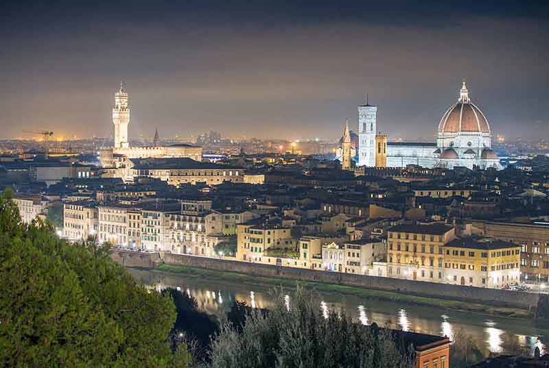 Florence (Firenze) Night Skyline With Palazzo Vecchio And Duomo
