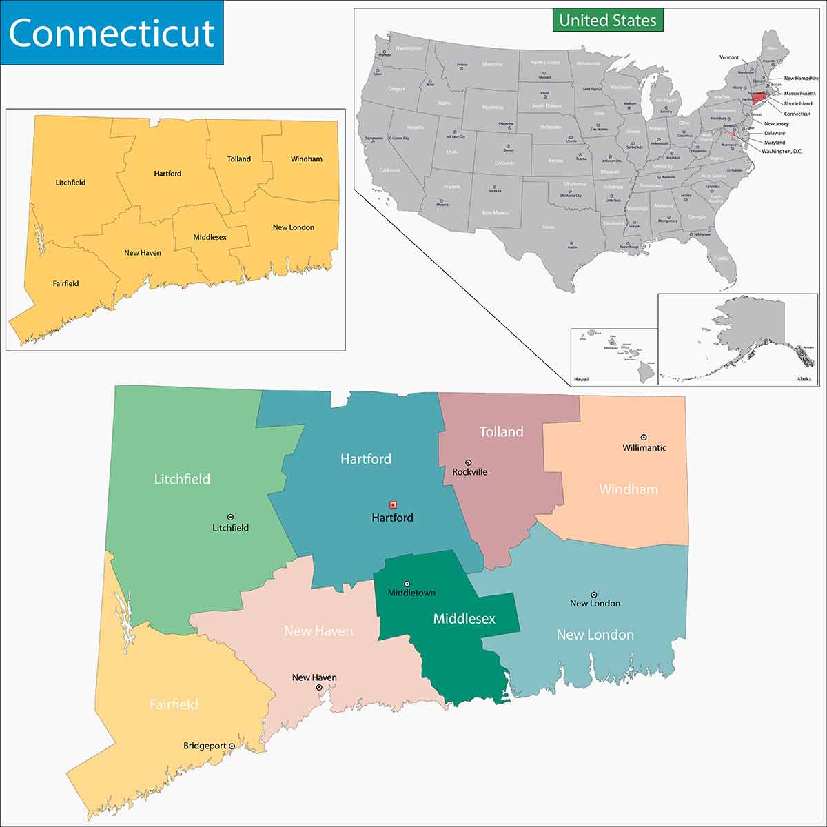 maps of connecticut and USA