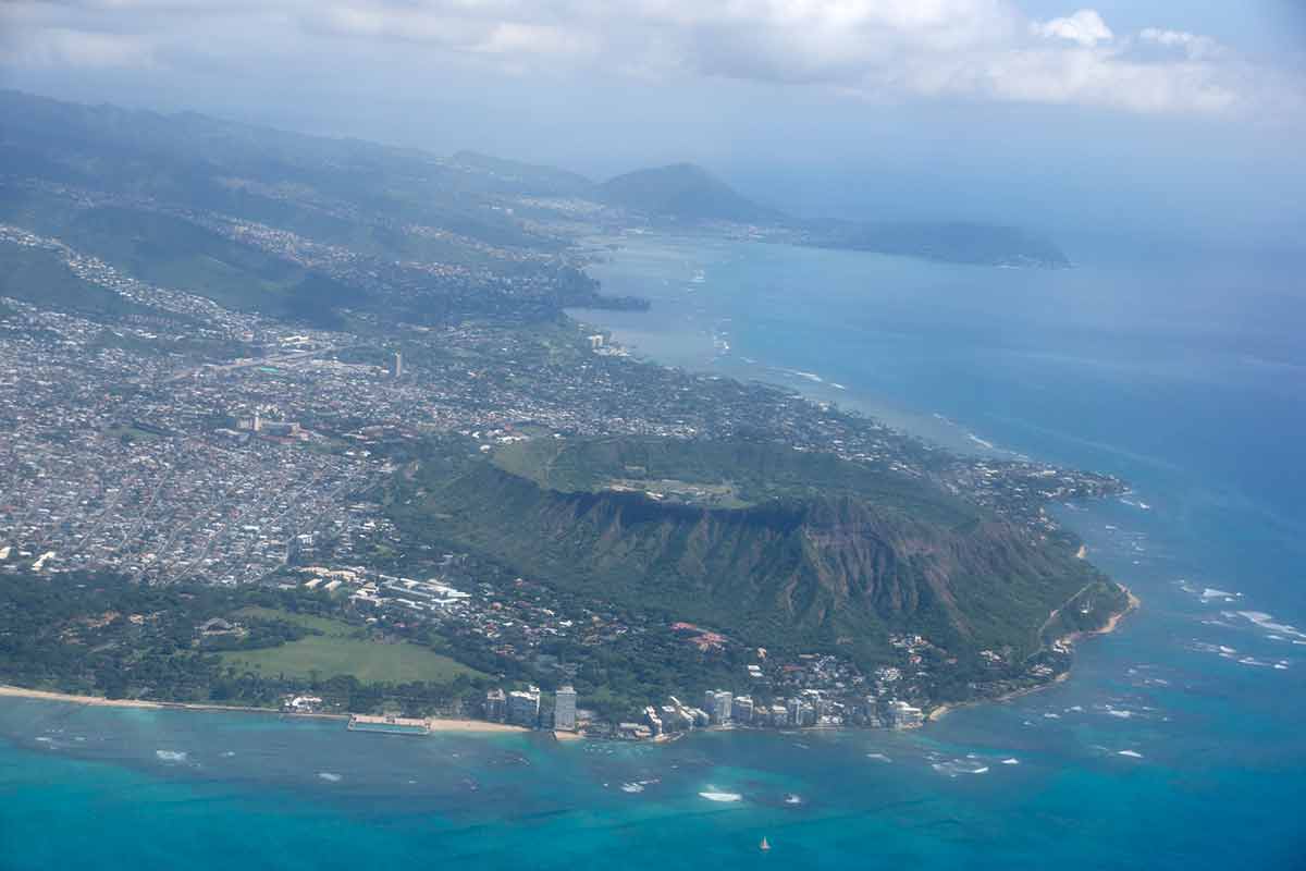 things to do in honolulu waikiki aerial view of Diamond Head, Kapiolani Park, Waikiki.