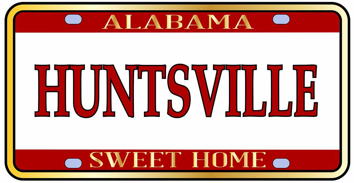Huntsville Alabama state license plate in the colors of the state flag with the state name over a white background.