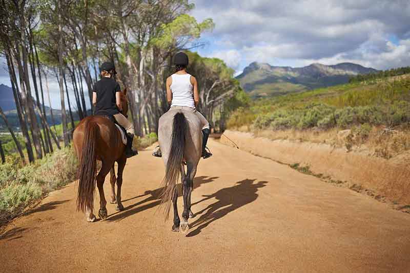 things to do in ixtapa zihuatanejo Rear-view of two women on horseback - riding trail.