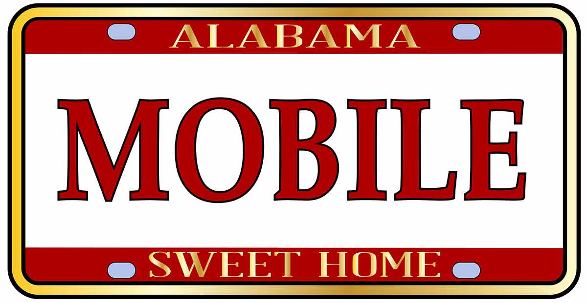 Mobile Alabama state license plate in the colors of the state flag with the state name.