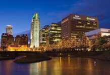Downtown Omaha at twilight in winter