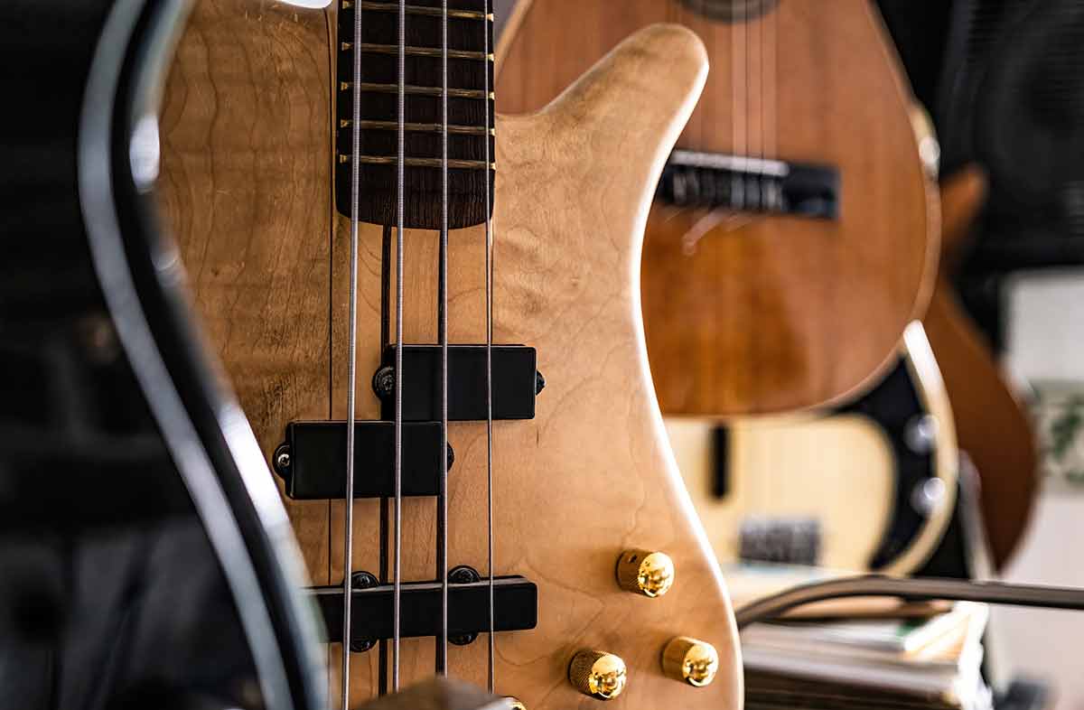 Bass Guitar Fretboardsand Strings In Music Recording Studio