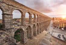 Dramatic Sunset In Famous Segovia Aqueduct, Castilla Y Leon
