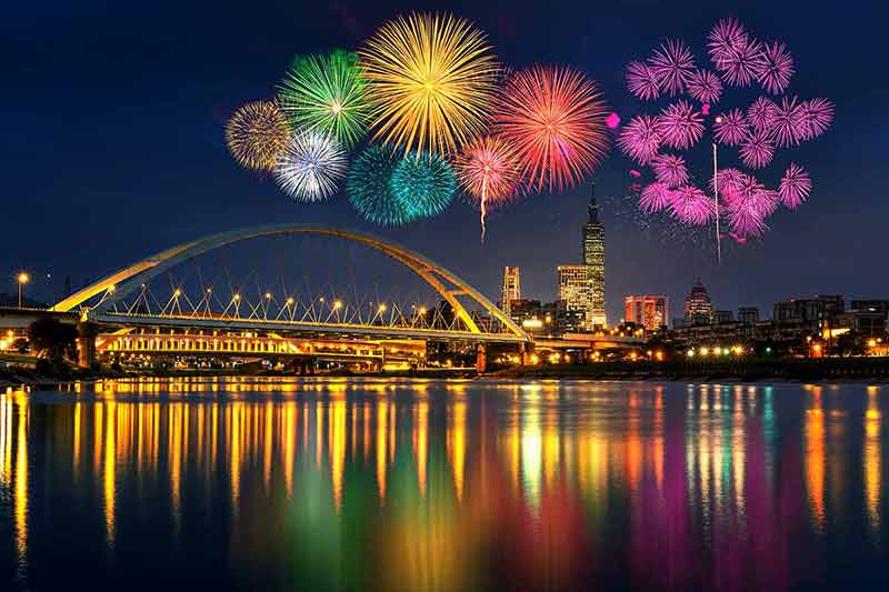 things to do in taipei during chinese new year fireworks going off in the night sky over the Taipei skyline