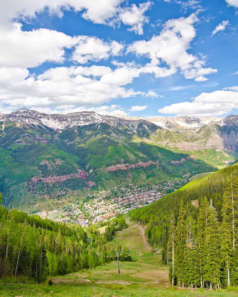 View of Telluride in summer from the top of the mountain