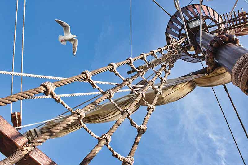 things to do in treasure island florida when it rains Rigging and mast of an old-fashioned sailing boat with a seagull flying against a blue sky.