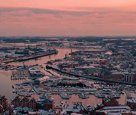 things to do ipswich (uk) aerial view of river and city at dusk