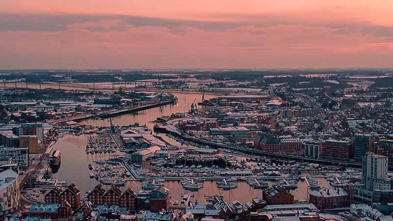 things to do ipswich (uk) aerial view of river and city at dusk