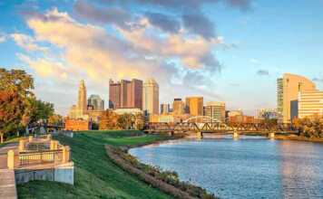 View Of Downtown Columbus, Ohio Skyline At Sunset