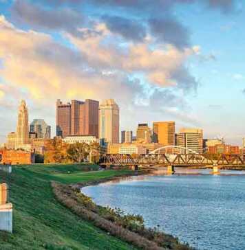 View Of Downtown Columbus, Ohio Skyline At Sunset