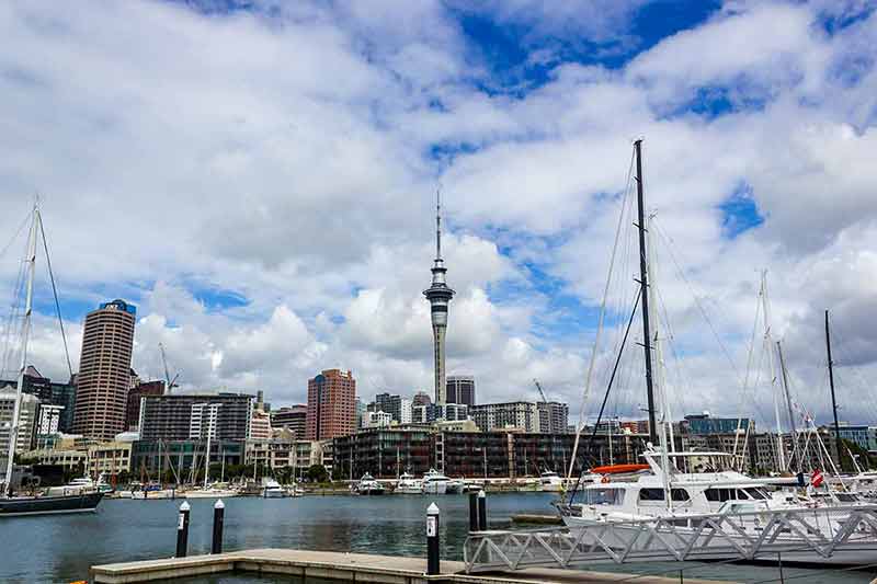 Auckland Harbor and Sky tower with diffrents boats
