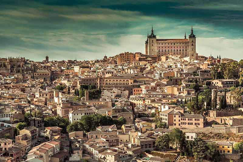 toledo day trips from madrid aerial of densely packed history buildings in Toledo