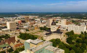 topeka kansas aerial view with state capitol rising above the skyline