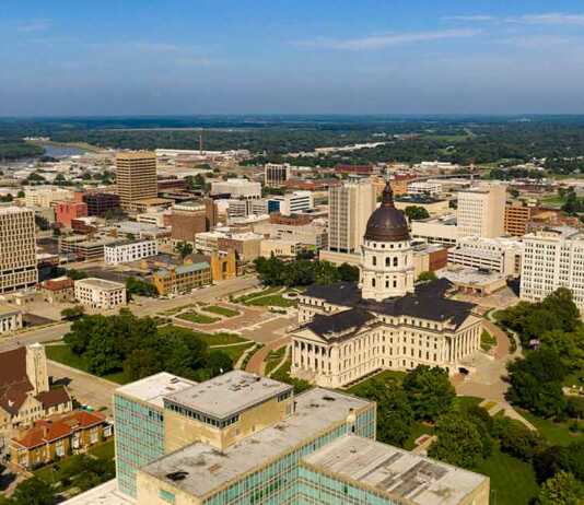 topeka kansas aerial view with state capitol rising above the skyline