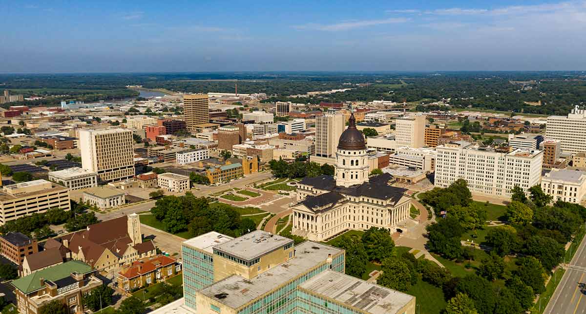 topeka kansas aerial view with state capitol rising above the skyline