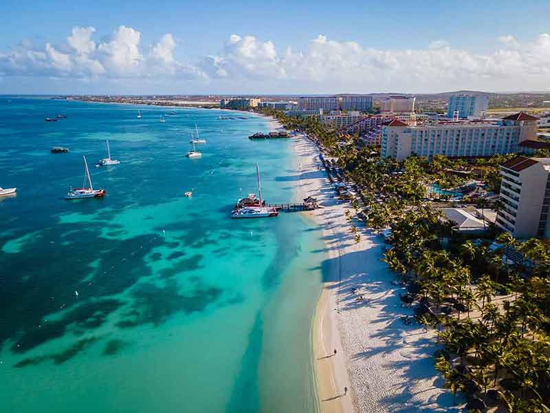 images of Aruba beaches aerial view of sand, water, palm trees and resorts