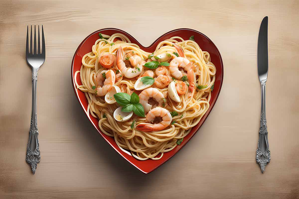 Spaghetti With Seafood In A Heart-Shaped Plate