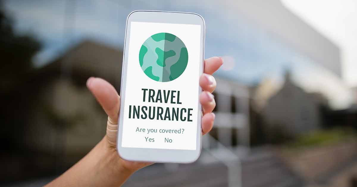 Digital composite of Person holding a phone with travel insurance.