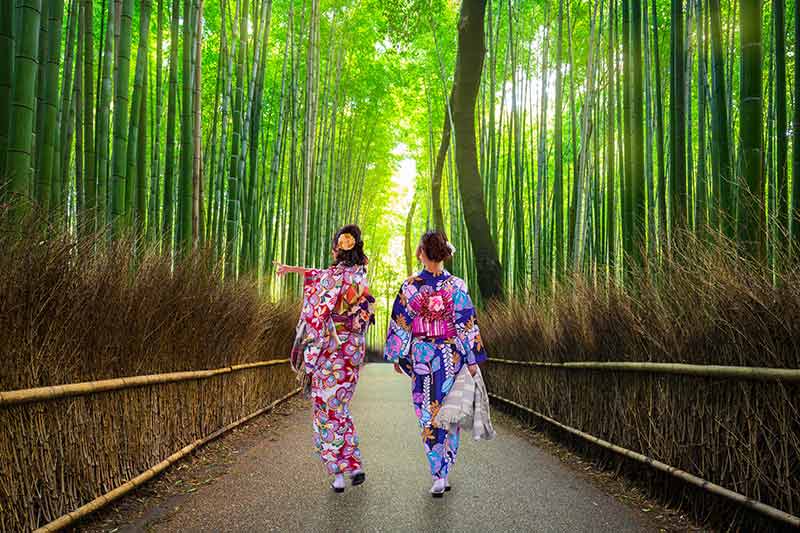 two women in kimonos walking through Kyoto's bamboo grove travel shows on netflix about japan