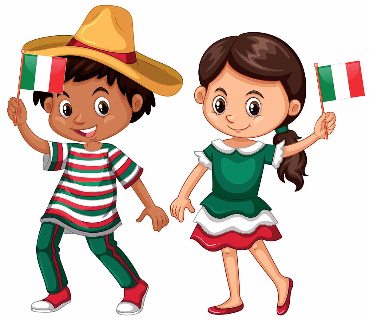 travel with kids cancun Happy boy and girl holding flag of Mexico illustration