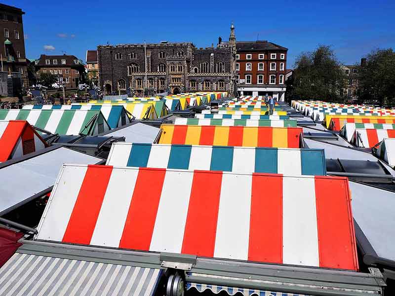 Norwich Market, UK. Colorful Canopies