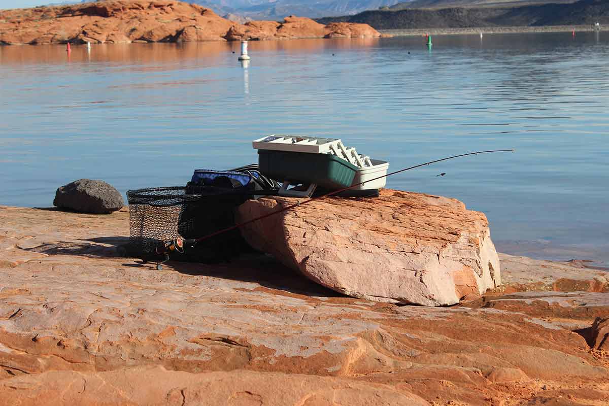utah beaches Sand Hollow State Park fishing rod, box and net on a rock