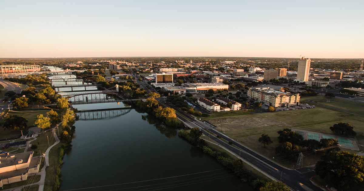 waco texas aerial view of river and city