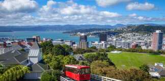 red cable car ascending a hill with city and harbour in the background