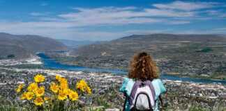 back of woman looking down at wenatchee washington