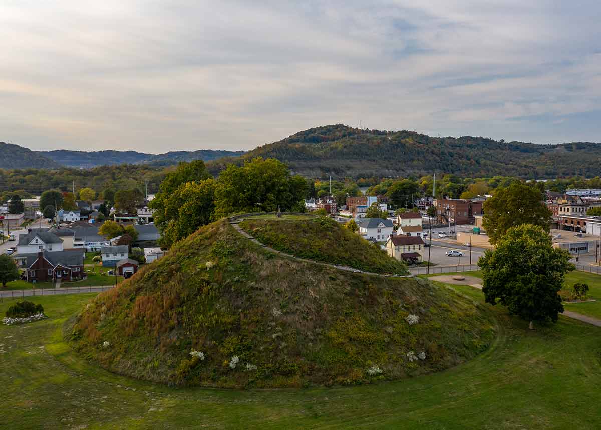 west virginia historical landmarks Aerial drone shot of the ancient historic native American burial mound