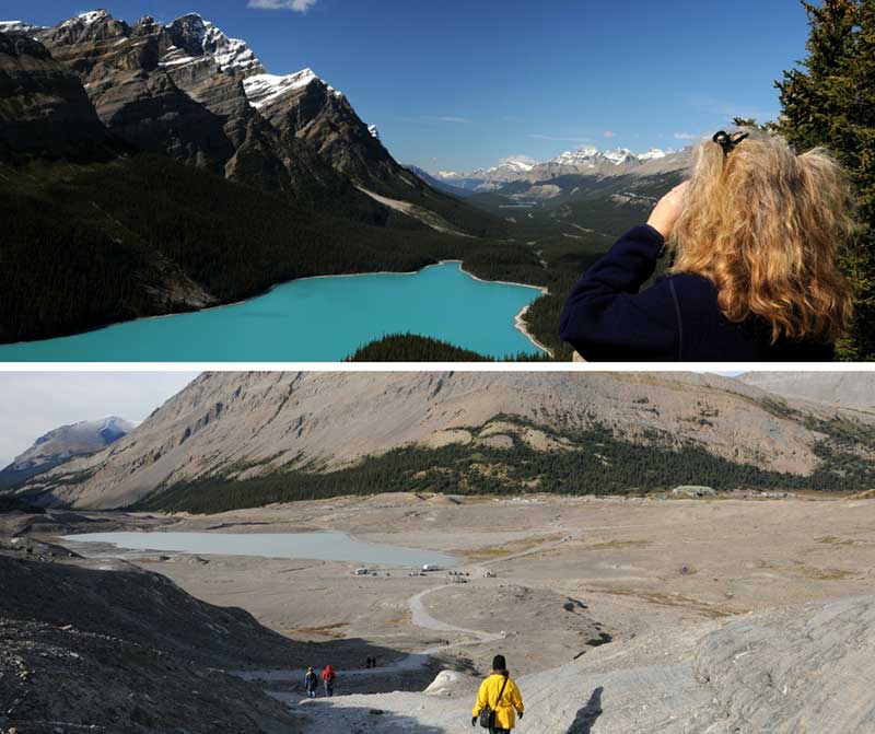 Left to right: Katharine looking out over Peyto Lake, one of the splendid views found along the Icefields Parkway; Hiking the Athabasca Glacier trail, Icefields Parkway. Photos by Eric Fletcher