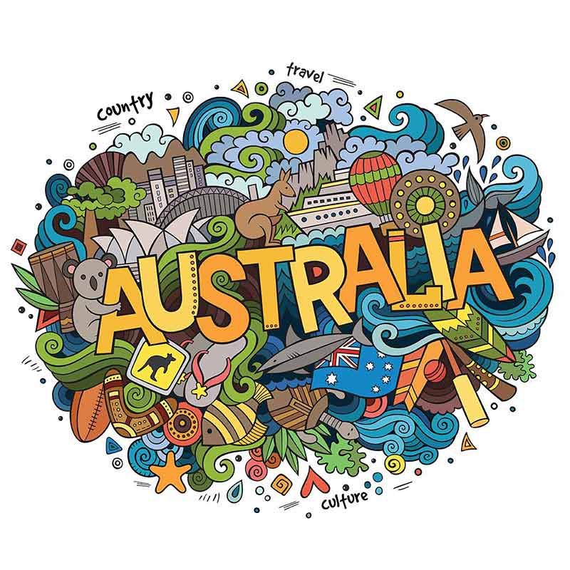 Australia country hand lettering and doodles elements and symbols background.