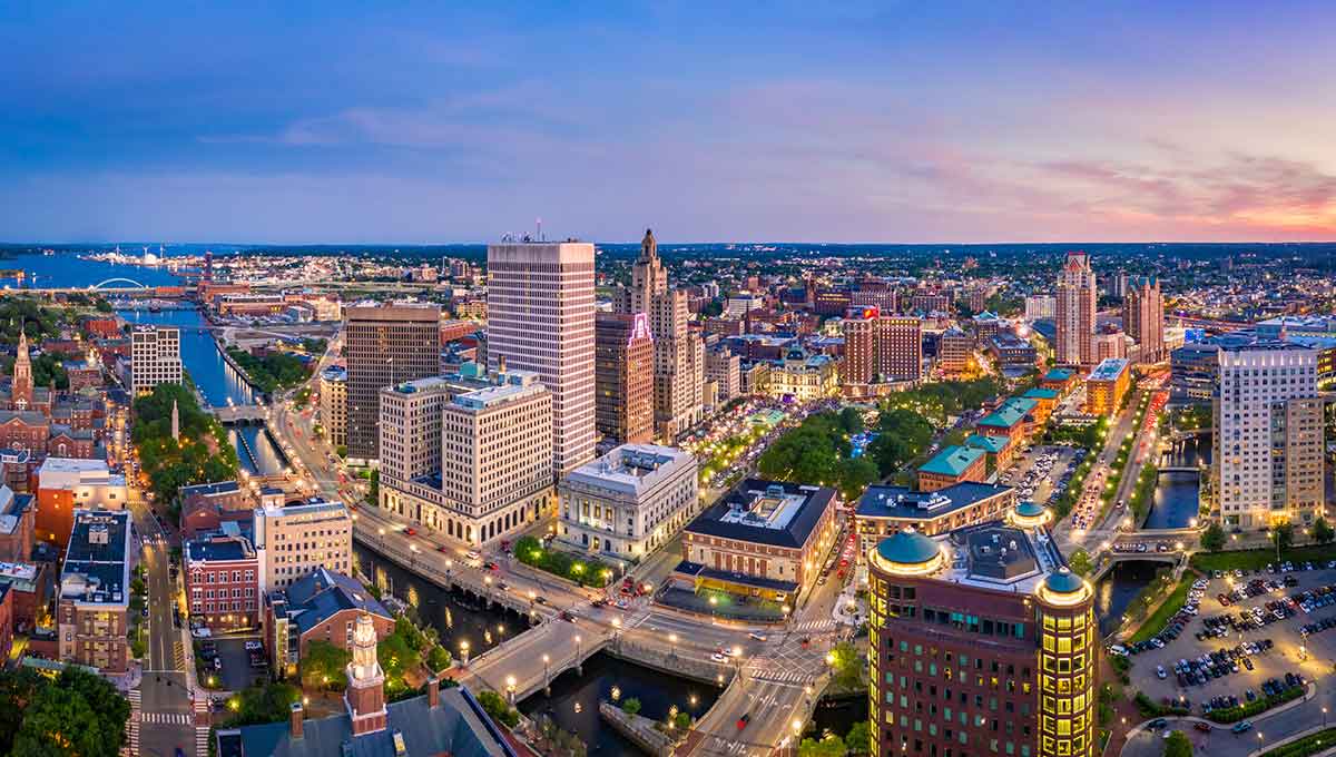 aerial view of providence at dusk