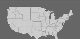 US map with Delaware highlighted in yellow